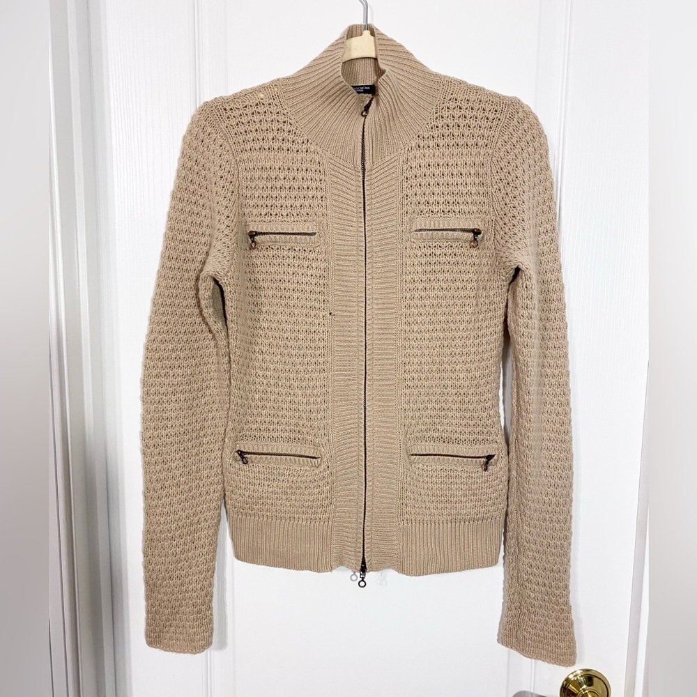 Magaschoni CASHMERE Textured Knit Zip Cardigan Sweater Tan Size Medium